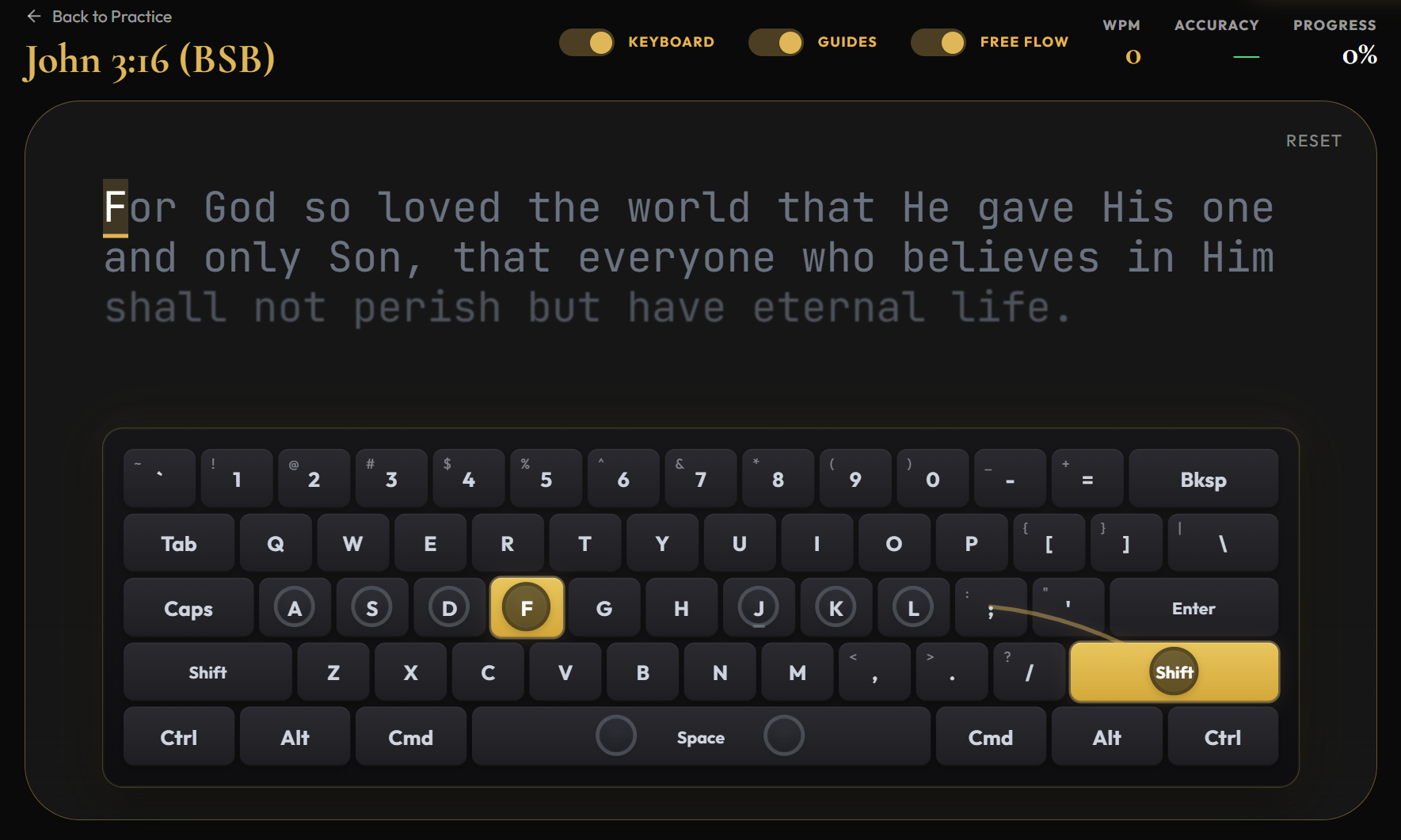 Typing practice interface showing highlighted text, on-screen keyboard with Free Flow toggle, and live WPM and accuracy metrics