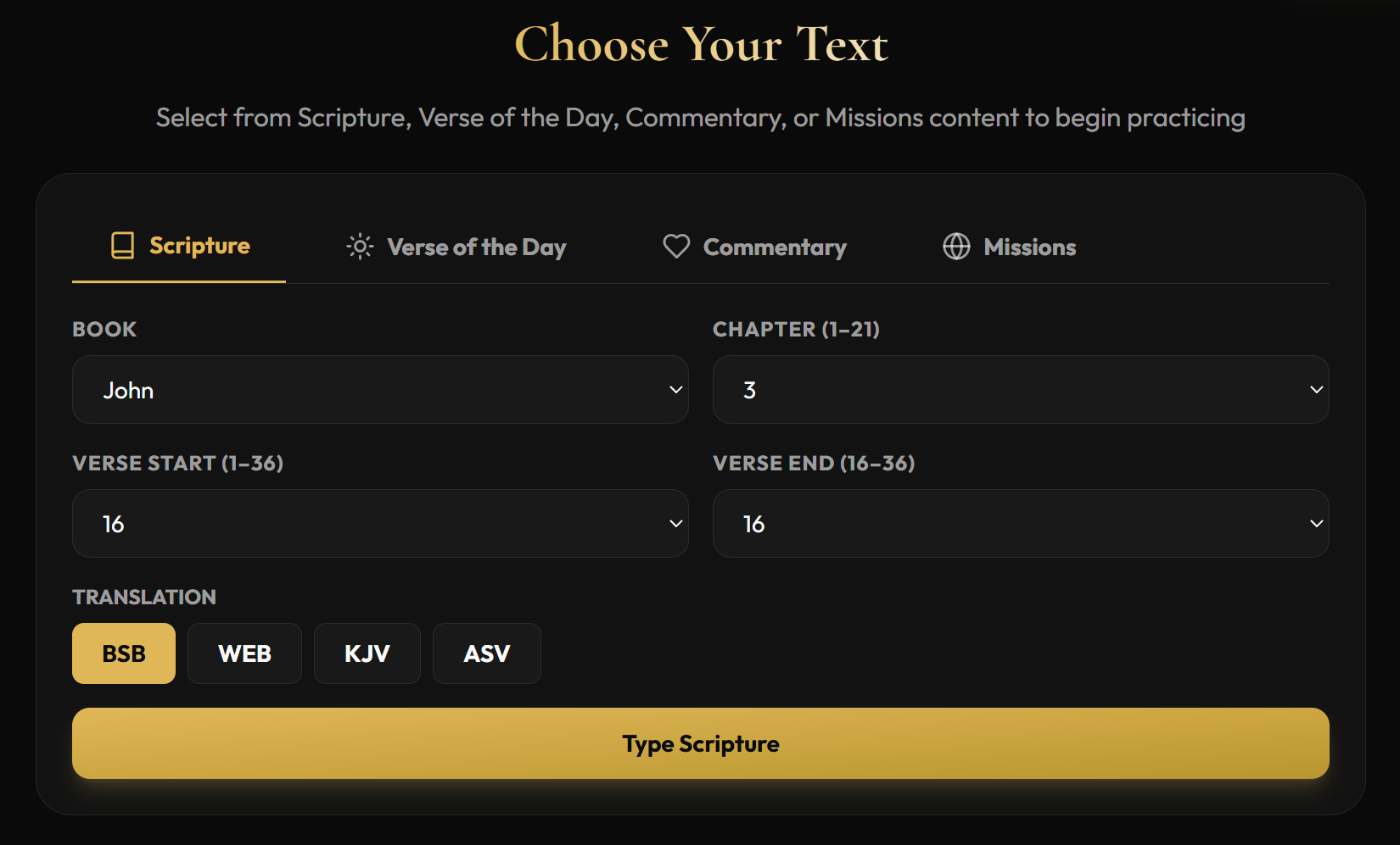 Practice content selection interface showing Scripture, Verse of the Day, Commentary, and Missions tabs with verse picker